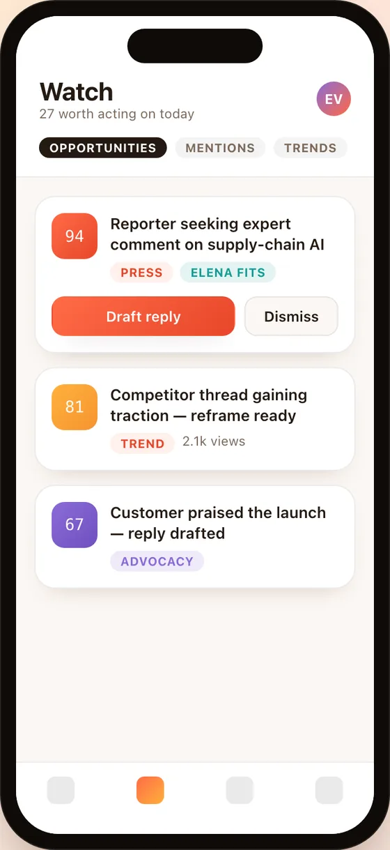 Maktura Watch on a phone: today's opportunities with draft replies ready.