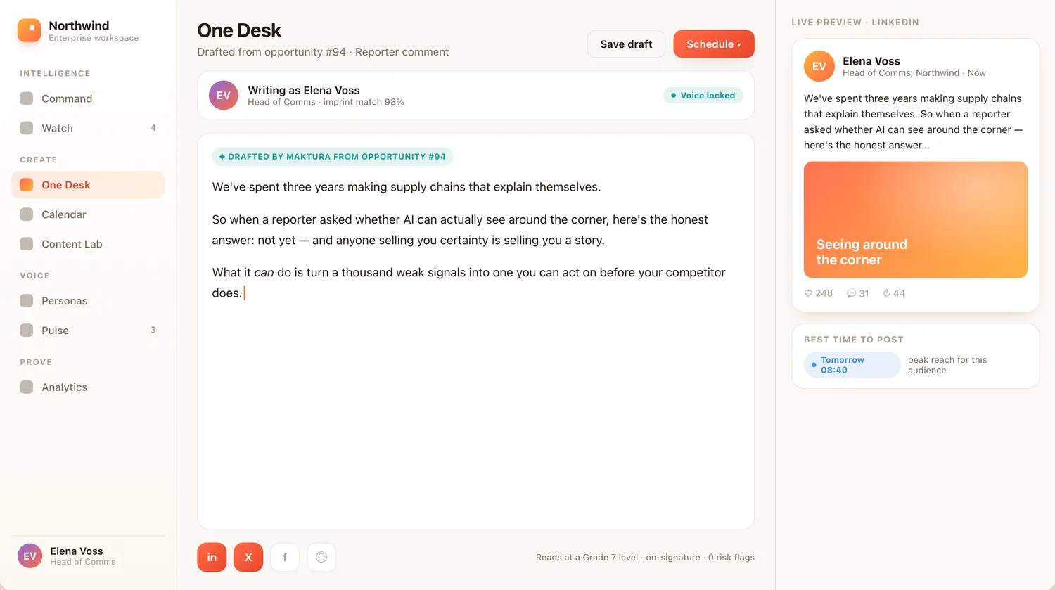 One Desk: drafting in your voice with live platform preview and best time to post.