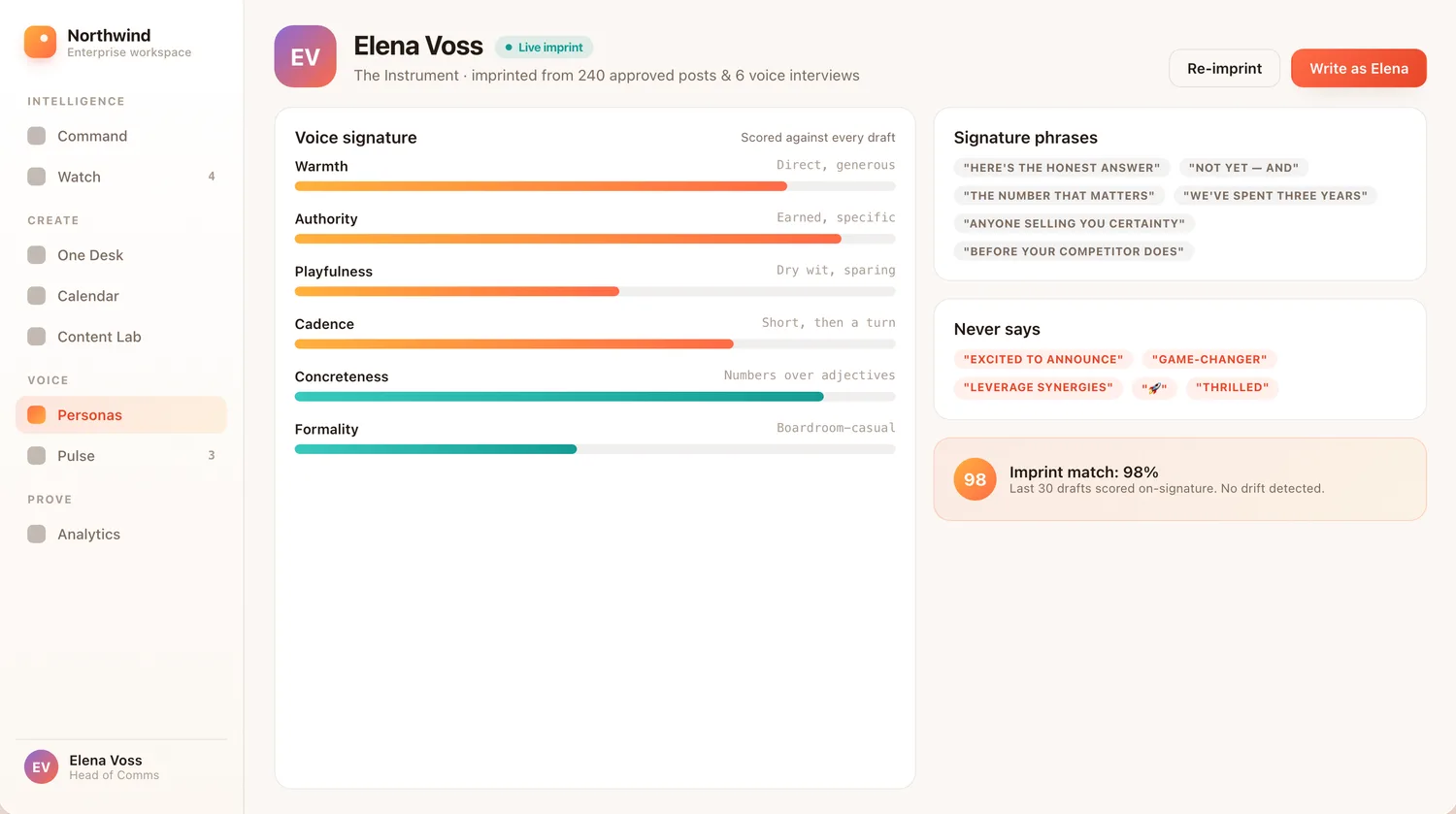 The Personas instrument: a person's voice signature with tunable traits, signature phrases, and never-say list.