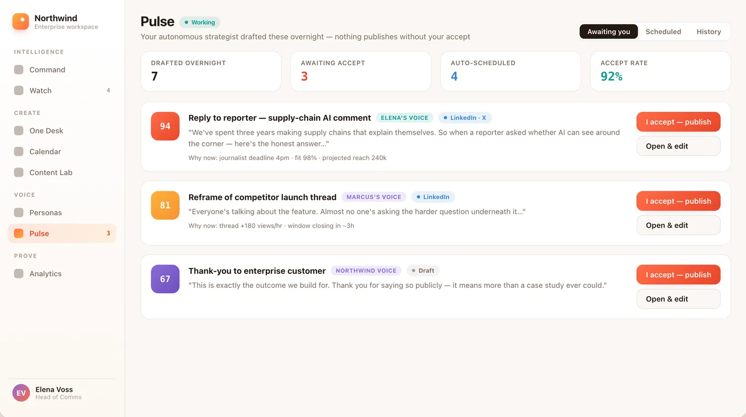 The Pulse queue: overnight drafts awaiting your accept; nothing publishes without you.